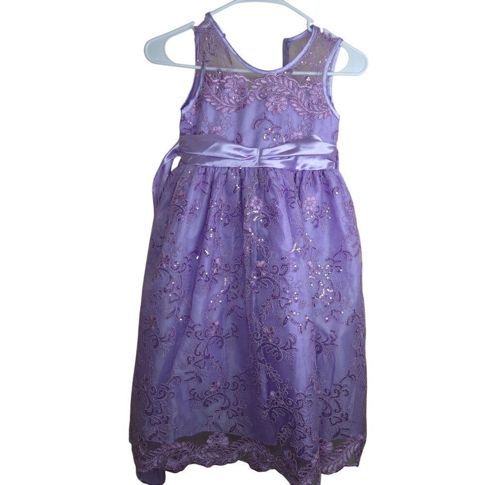 Vintage 90s Girls Size 5 / 6 Party Dress Bow USA Purple Lavender Lace Sequin